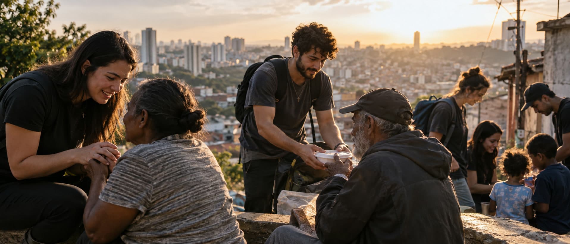 Jovens servindo comida e conversando com moradores de uma comunidade, com a cidade ao fundo